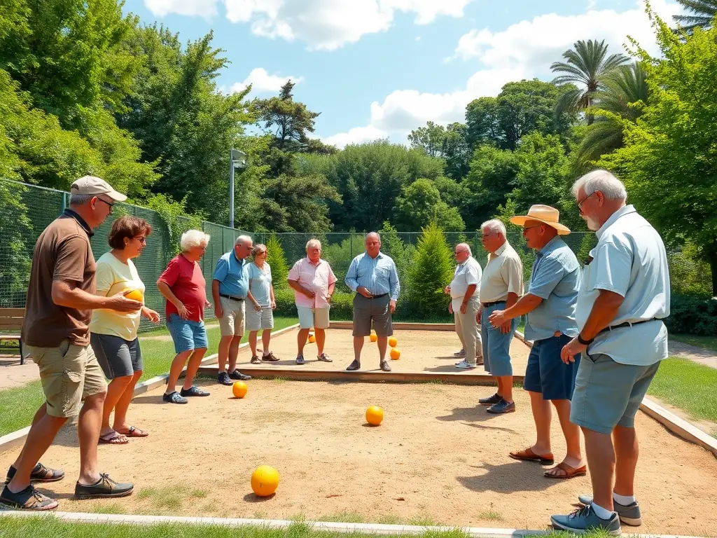 A group of players practicing pétanque on a sunny outdoor court, with coaches providing guidance, showcasing the Pétanque and Jeu Provençal Training program.