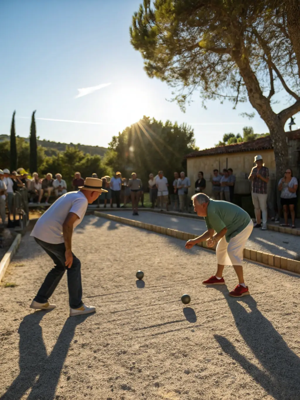 A dynamic image of players engaged in a competitive pétanque match, showcasing the strategic and athletic aspects of the sport.