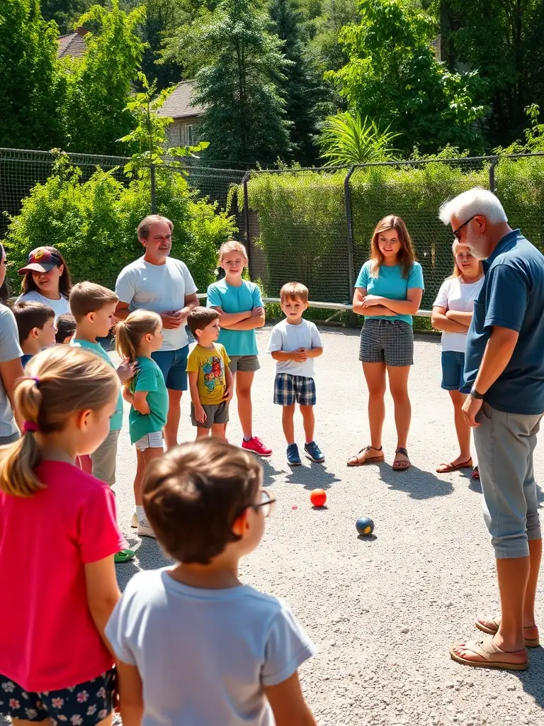 A vibrant image of children participating in a pétanque lesson, highlighting the fun and educational aspects of the pétanque school.