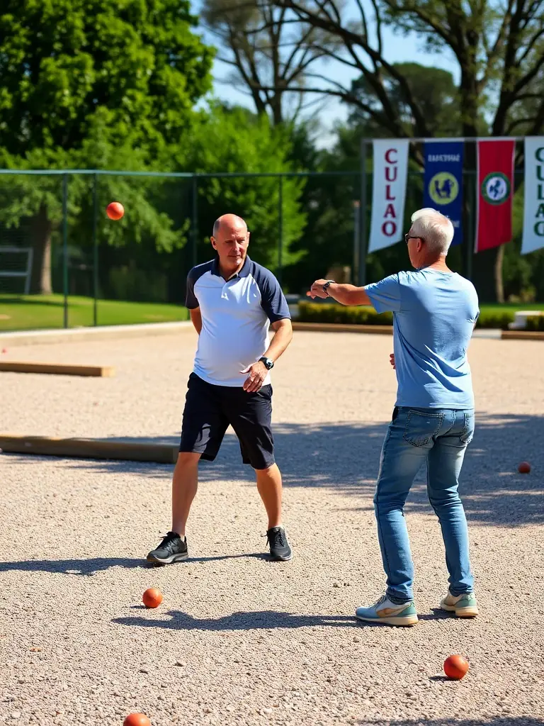A focused image of referees in training, meticulously observing a pétanque match, emphasizing their dedication to fair play and rule enforcement.