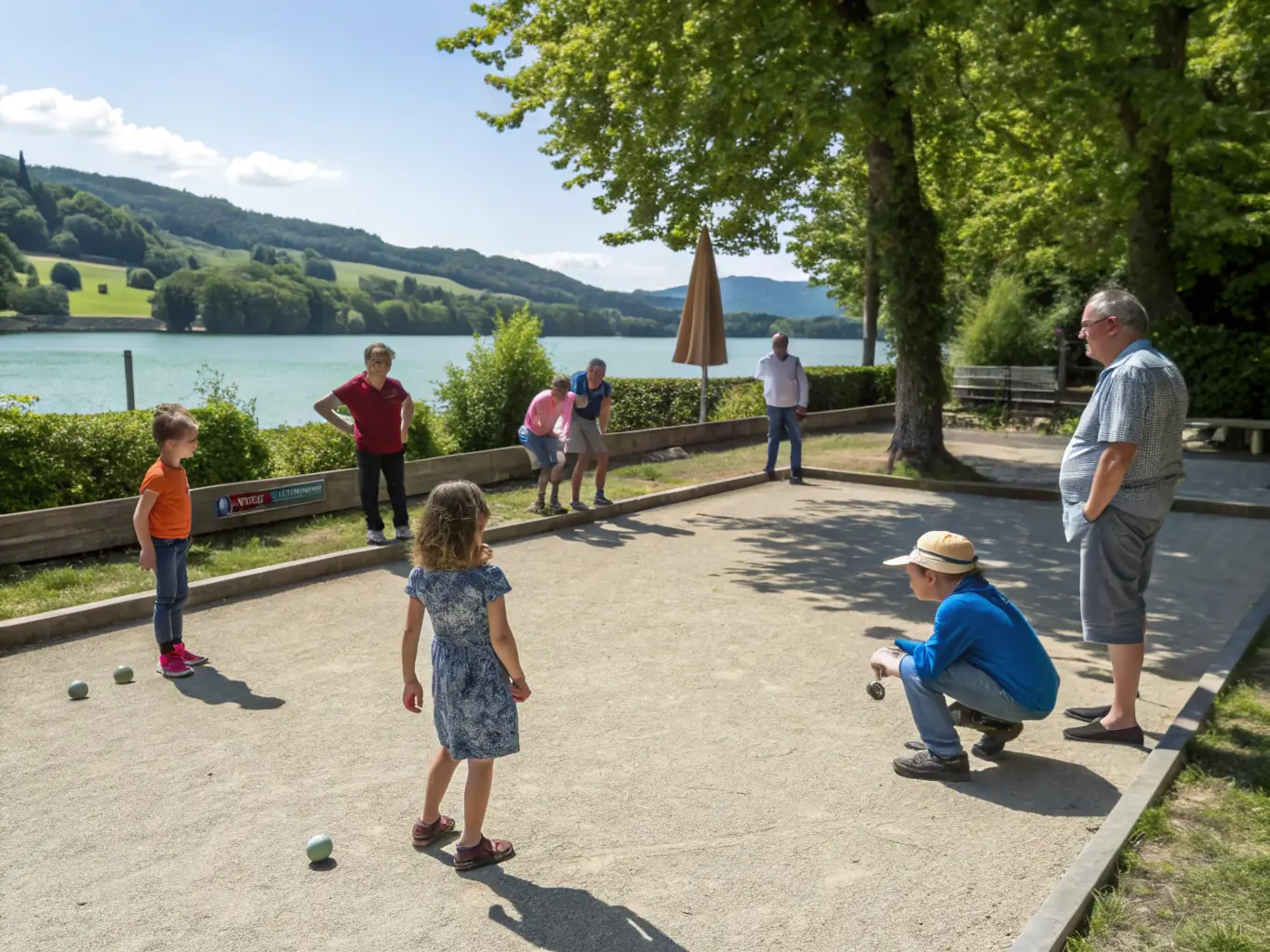 Children and adults playing pétanque together on a well-maintained court, supervised by an instructor, representing the Pétanque School program.